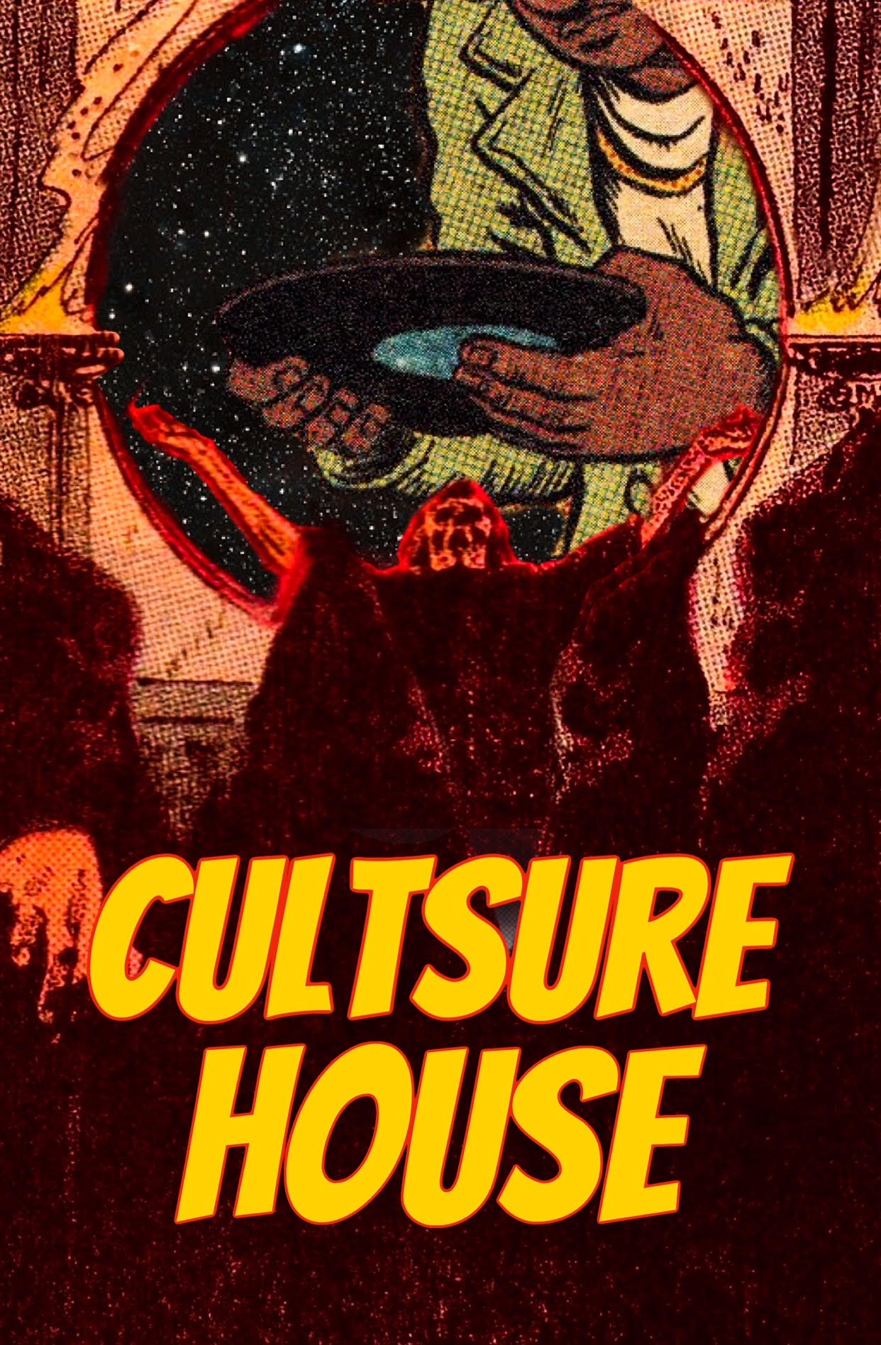 CULTSURE HOUSE cover poster - retro-style with cosmic and ritualistic imagery