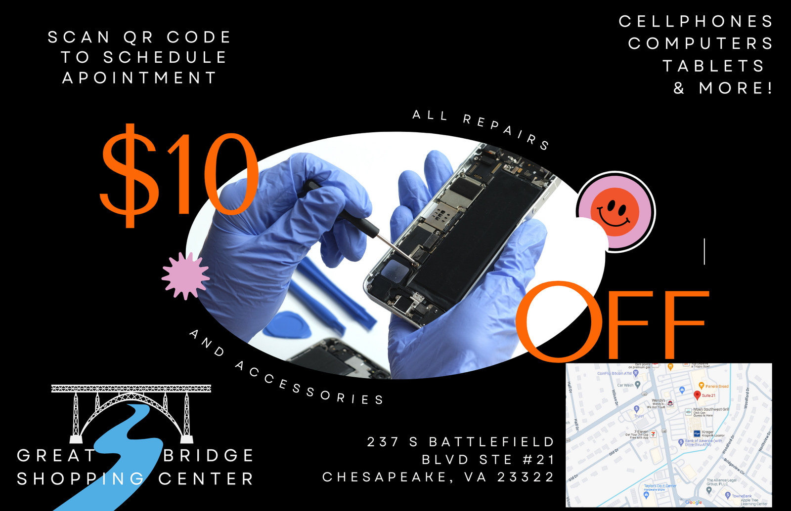 Technology Repair Service Postcard Advertisement - $10 off repairs for cellphones, computers, and tablets